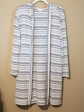 Korye Gray White Striped Hooded Duster Cardigan Large